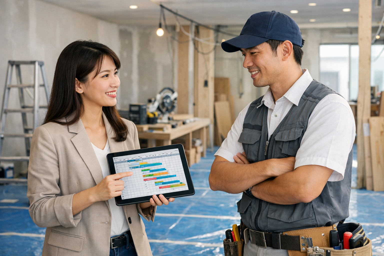 雅活設計師與工班確認數位排程表