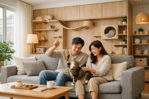 台灣年輕夫妻與貓咪在防刮耐磨木地板上享受放鬆時光,展現寵物友善與輕裝修的無壓生活美學。