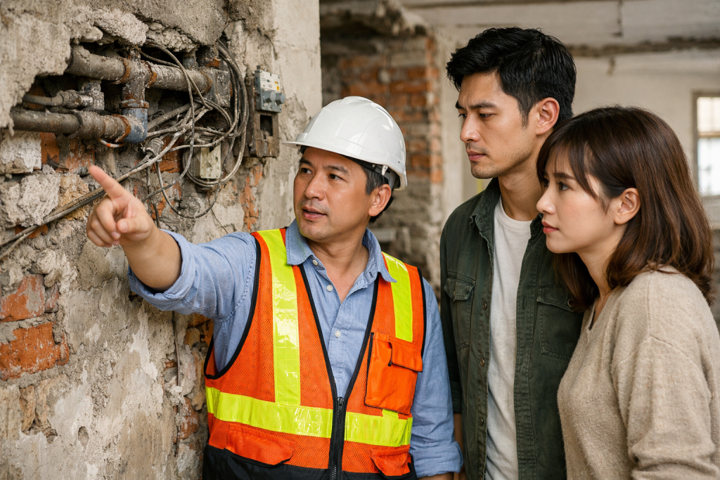 設計師在老屋翻新的拆除現場，向台灣屋主詳細解釋老舊鏽蝕水管與凌亂電線的居家安全隱患，強調基礎工程與水電重拉的重要性。