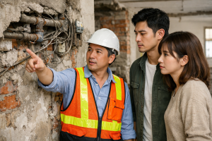 設計師在老屋翻新的拆除現場，向台灣屋主詳細解釋老舊鏽蝕水管與凌亂電線的居家安全隱患，強調基礎工程與水電重拉的重要性。