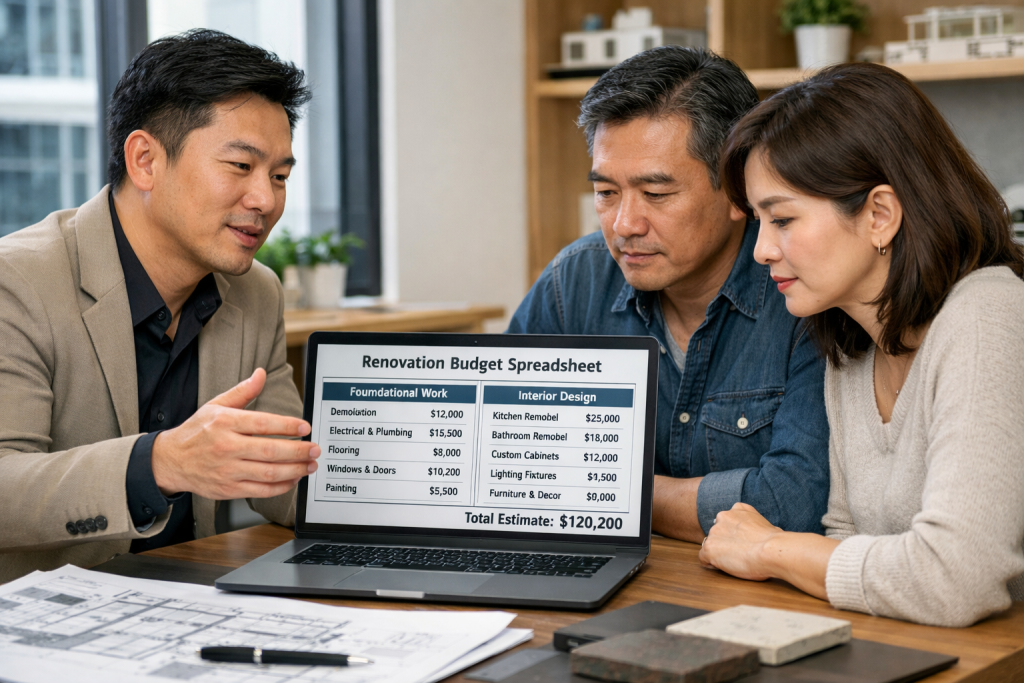 設計師正與屋主逐項核對裝潢預算表，落實極致透明的清單式報價與零追加預算承諾。