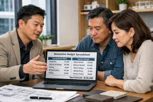 設計師正與屋主逐項核對裝潢預算表，落實極致透明的清單式報價與零追加預算承諾。