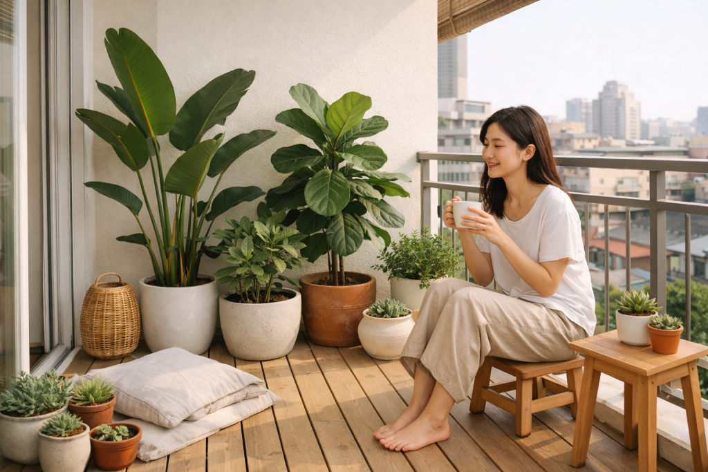 打造的無印風陽台裝潢，陽光灑落在層次分明的綠色植栽佈置上，透過輕裝修為都市住宅創造放鬆的自然小森林。