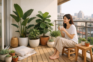 打造的無印風陽台裝潢,陽光灑落在層次分明的綠色植栽佈置上,透過輕裝修為都市住宅創造放鬆的自然小森林。