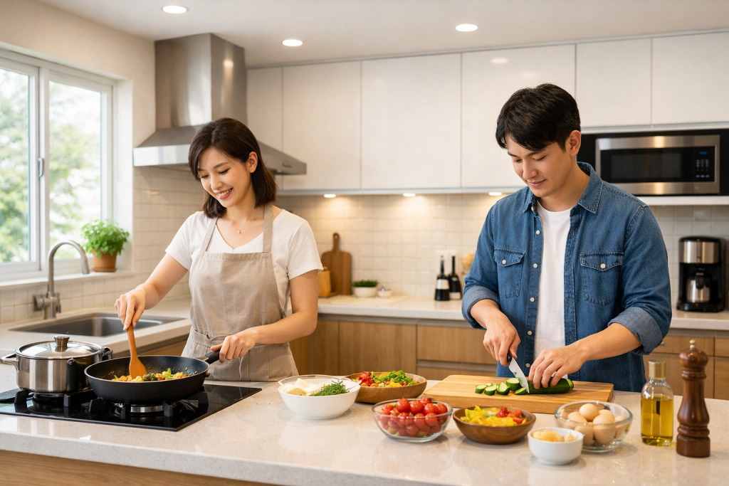 現代極簡風廚房裝潢，透過精密規劃的隱形收納系統櫃，將鍋碗瓢盆與家電完美隱藏，展現極致坪效與好清潔的無壓生活美學。