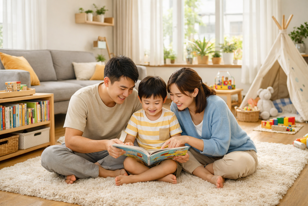 有小孩的家怎麼裝潢?安全無毒建材與陪伴成長的彈性空間 溫潤北歐風客廳裝潢,充滿自然採光的空間裡,台灣年輕夫妻與孩子正享受共讀時光,展現安全無毒與空間留白的親子宅輕裝修美學。