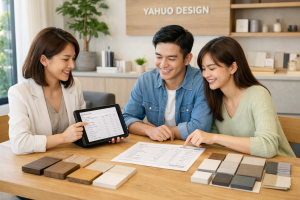 雅活設計師與屋主夫妻共同審閱極致透明的清單式裝潢報價單，落實零追加預算的安心承諾。