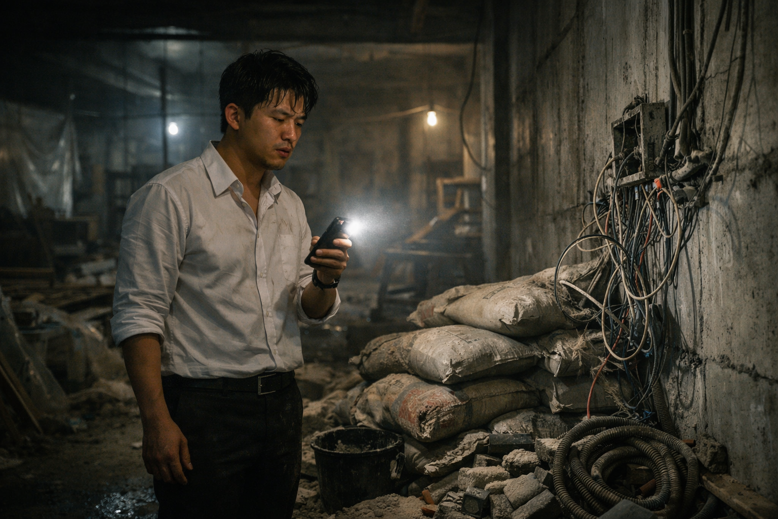 下班後在昏暗工地中焦慮的台灣上班族