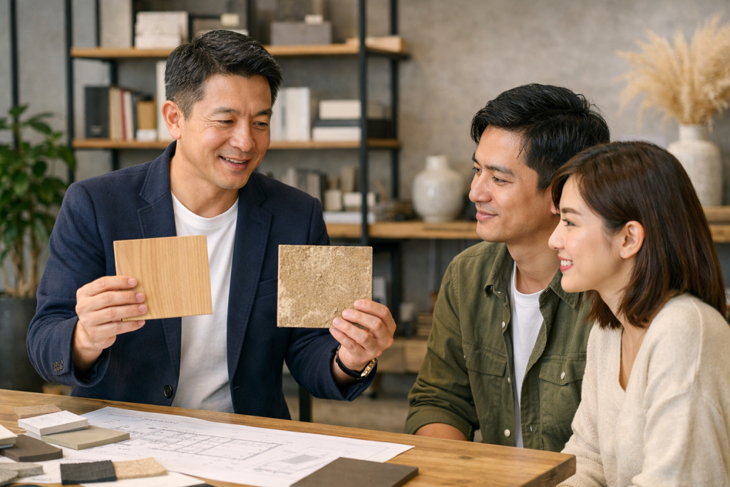 什麼是「侘寂風」與「日式無印風」?給崇尚自然質感的你 設計師向屋主展示兩種輕裝修風格的材質差異,透過實體建材觸摸與優缺點解說,精準對齊裝潢預算與生活需求。